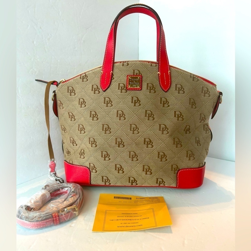 Dooney & Bourke NWOT Large Gabrielle Signature Print With Red Leather Trim